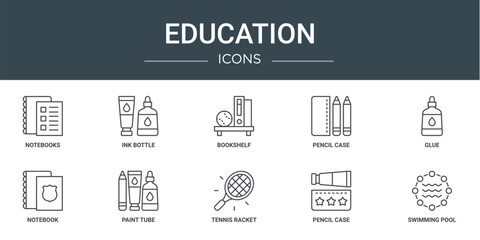 set of 10 outline web education icons such as notebooks, ink bottle, bookshelf, pencil case, glue, notebook, paint tube vector icons for report, presentation, diagram, web design, mobile app