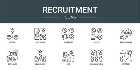 set of 10 outline web recruitment icons such as process, interview, advertise, select, recruitment, employee, leadership vector icons for report, presentation, diagram, web design, mobile app