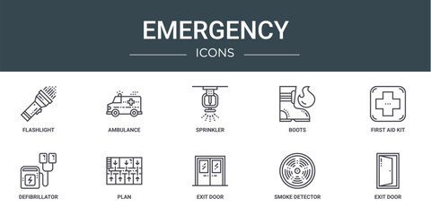 set of 10 outline web emergency icons such as flashlight, ambulance, sprinkler, boots, first aid kit, defibrillator, plan vector icons for report, presentation, diagram, web design, mobile app