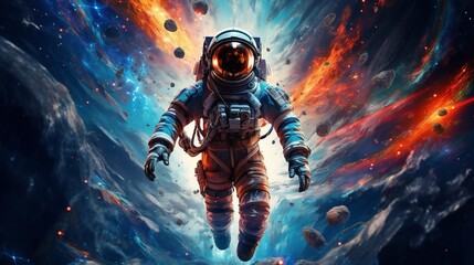 Fototapeta premium Astronaut in a space suit is flying in outer space 3D. Bright image of starlight and cosmic nebulae. Generative AI
