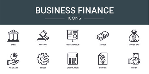 set of 10 outline web business finance icons such as bank, auction, presentation, money, money bag, pie chart, invest vector icons for report, presentation, diagram, web design, mobile app