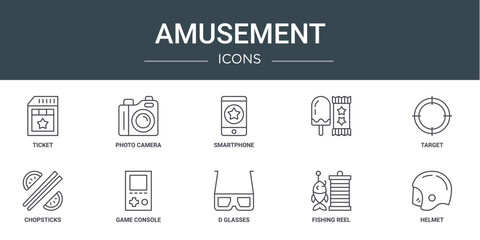 set of 10 outline web amusement icons such as ticket, photo camera, smartphone, , target, chopsticks, game console vector icons for report, presentation, diagram, web design, mobile app