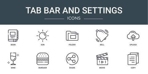 set of 10 outline web tab bar and settings icons such as book, sun, folder, bell, upload, wine, burguer vector icons for report, presentation, diagram, web design, mobile app