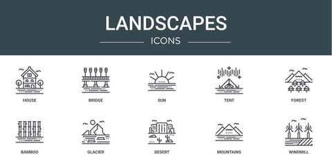 set of 10 outline web landscapes icons such as house, bridge, sun, tent, forest, bamboo, glacier vector icons for report, presentation, diagram, web design, mobile app