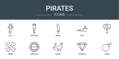 set of 10 outline web pirates icons such as key, spyglass, sabre, pipe, , bones, porthole vector icons for report, presentation, diagram, web design, mobile app