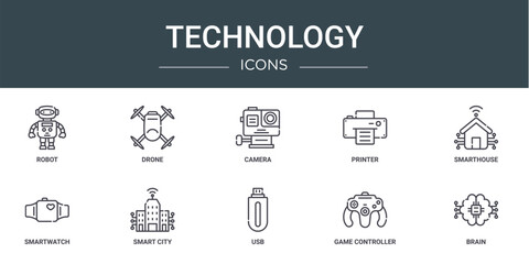 set of 10 outline web technology icons such as robot, drone, camera, printer, smarthouse, smartwatch, smart city vector icons for report, presentation, diagram, web design, mobile app