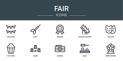 set of 10 outline web fair icons such as garlands, dart, reward, roller coaster, theater, pop corn, game vector icons for report, presentation, diagram, web design, mobile app