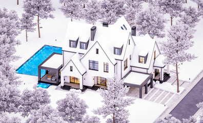 Fototapeta premium 3d rendering of cute cozy white and black modern Tudor style house with parking and pool for sale or rent with beautiful landscaping. Cool winter evening with cozy light from windows
