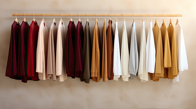 plain t-shirts of different colors hang on a hanger, store interior blur.