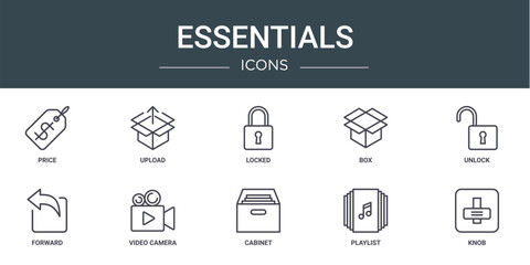 set of 10 outline web essentials icons such as price, upload, locked, box, unlock, forward, video camera vector icons for report, presentation, diagram, web design, mobile app