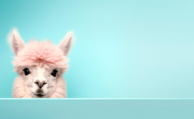 Naklejka premium Creative animal concept. Alpaca peeking over pastel bright background.