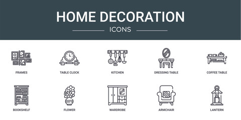 set of 10 outline web home decoration icons such as frames, table clock, kitchen, dressing table, coffee table, bookshelf, flower vector icons for report, presentation, diagram, web design, mobile