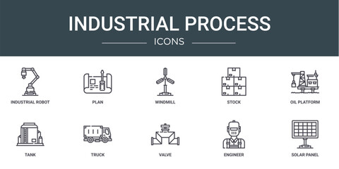 set of 10 outline web industrial process icons such as industrial robot, plan, windmill, stock, oil platform, tank, truck vector icons for report, presentation, diagram, web design, mobile app