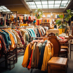 plain t-shirts of different colors hang on a hanger, store interior blur.