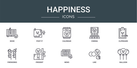 set of 10 outline web happiness icons such as book, post it, calendar, cinema, clipboard, fireworks, present vector icons for report, presentation, diagram, web design, mobile app