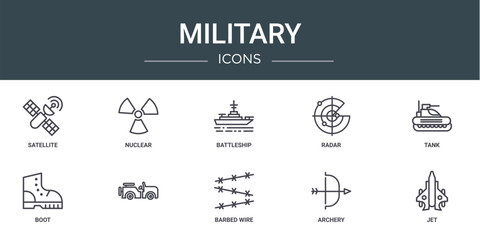 set of 10 outline web military icons such as satellite, nuclear, battleship, radar, tank, boot, vector icons for report, presentation, diagram, web design, mobile app