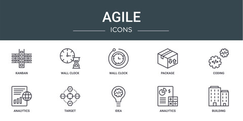 set of 10 outline web agile icons such as kanban, wall clock, wall clock, package, coding, analytics, target vector icons for report, presentation, diagram, web design, mobile app