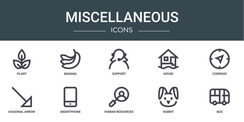 set of 10 outline web miscellaneous icons such as plant, banana, support, house, compass, diagonal arrow, smartphone vector icons for report, presentation, diagram, web design, mobile app
