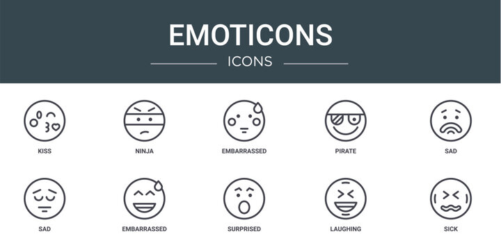 set of 10 outline web emoticons icons such as kiss, ninja, embarrassed, pirate, sad, sad, embarrassed vector icons for report, presentation, diagram, web design, mobile app