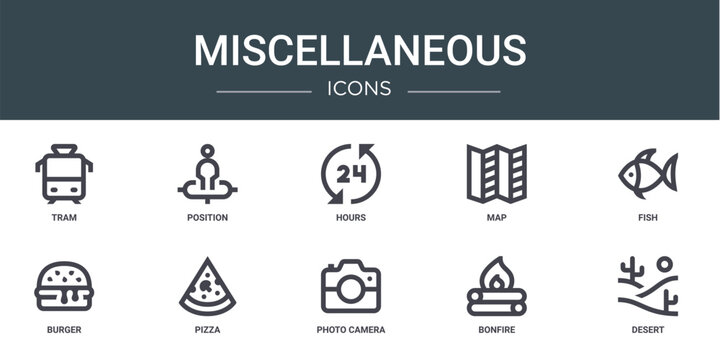 set of 10 outline web miscellaneous icons such as tram, position, hours, map, fish, burger, pizza vector icons for report, presentation, diagram, web design, mobile app
