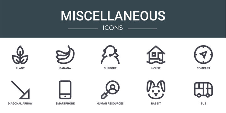 set of 10 outline web miscellaneous icons such as plant, banana, support, house, compass, diagonal arrow, smartphone vector icons for report, presentation, diagram, web design, mobile app