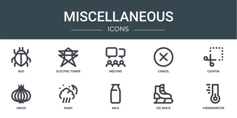 set of 10 outline web miscellaneous icons such as bug, electric tower, meeting, cancel, coupon, onion, rainy vector icons for report, presentation, diagram, web design, mobile app