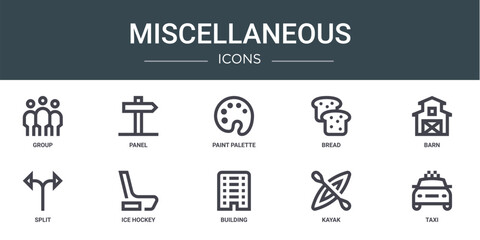 set of 10 outline web miscellaneous icons such as group, panel, paint palette, bread, barn, split, ice hockey vector icons for report, presentation, diagram, web design, mobile app