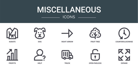 set of 10 outline web miscellaneous icons such as karate, dog, right arrow, fruit tree, counterclockwise, profits, help vector icons for report, presentation, diagram, web design, mobile app