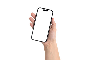 Smartphone with a blank screen on a white background. Smartphone mockup in hand close up isolated on white background.