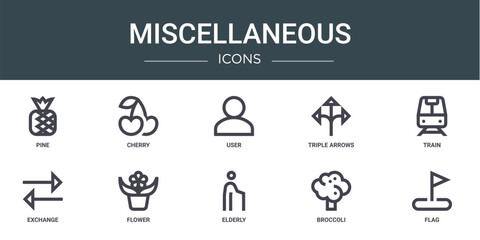 set of 10 outline web miscellaneous icons such as pine, cherry, user, triple arrows, train, exchange, flower vector icons for report, presentation, diagram, web design, mobile app