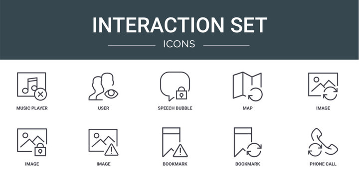 set of 10 outline web interaction set icons such as music player, user, speech bubble, map, image, image, image vector icons for report, presentation, diagram, web design, mobile app
