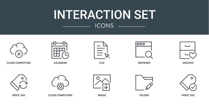 set of 10 outline web interaction set icons such as cloud computing, calendar, file, browser, archive, price tag, cloud computing vector icons for report, presentation, diagram, web design, mobile