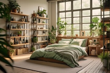 Can you please place your artwork on the empty wall next to the window with blinds in this authentic image of a botanical themed bedroom? The room features wooden shelves, tables, a double bed