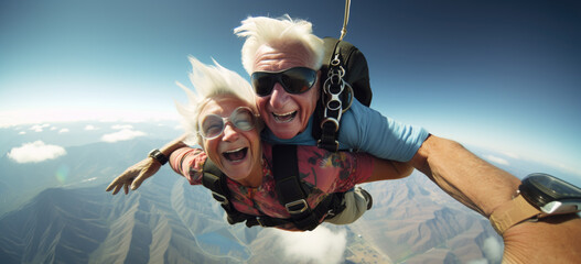A senior or elderly couple tandem skydiving. Hand edited generative AI.