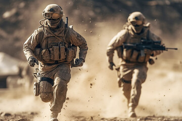 United States Marine Corps special forces soldiers in action during a desert mission  - obrazy, fototapety, plakaty