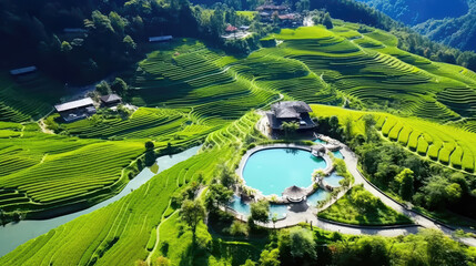 A view of the pool near the rice terraces. Generative AI