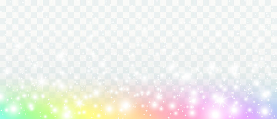 Unicorn gradient isolated on transparent background. Rainbow dream, princess, fantasy or fairy tail overlay texture. Vector magic spectrum border with lights effect, glitter and white stars