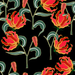 Tropical Leaves and Tropical Flowers Background Seamless Pattern.Texture concept. Cosmetic, perfume and medical factories