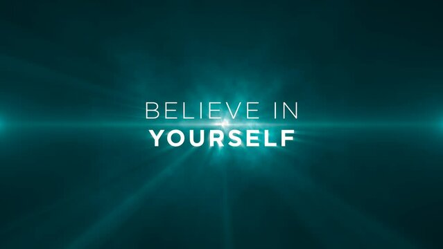 believe in yourself! Animated text on blue abstract background, Motivational message to uplift, inspire and encourage individuals. 4k, seamless, loop backdrop animation on blue background