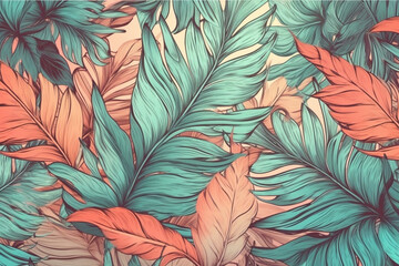 Seamless pattern with tropical flowers colorful palm leaves. and parrot. Hand drawn illustration 