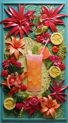 Tropic cocktail in high glass with straw over sculpted tropical background. Vertical holidays set with cocktail, exotic flowers and tropic fruits. African banner with tropic drink. AI