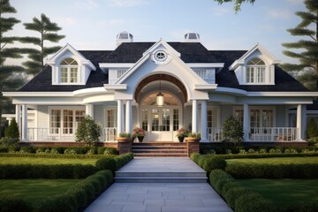 Spacious suburban house featuring a welcoming front porch and a beautiful arched entrance