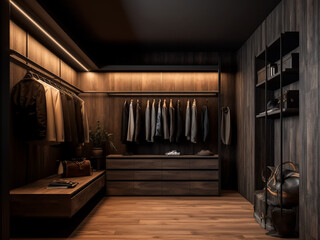 Refined interior for a dark wood walk-in wardrobe. Generative AI