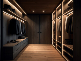 Classy dressing room with dark wood elements. Generative AI