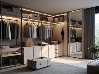 Contemporary grey-themed dressing room with ample storage. Generative AI