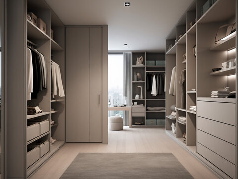 Contemporary interior design for a grey walk-in wardrobe. Generative AI