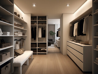 Sleek and elegant dressing room in pristine white. Generative AI