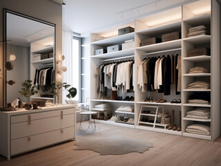 Modern interior design for a sleek white dressing room. Generative AI