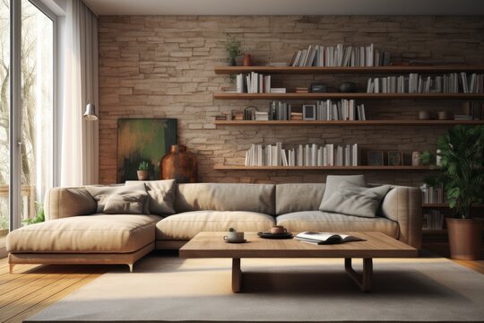 Contemporary living room design featuring a cozy couch and empty area for written content.