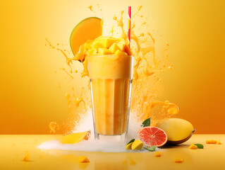 Fresh mango drink with a splash of mango cocktail on deep yellow background, copy space. Mango smoothie in high glass with sliced mango fruit, juice splash. Creamy tropical drink, mango margarita. AI